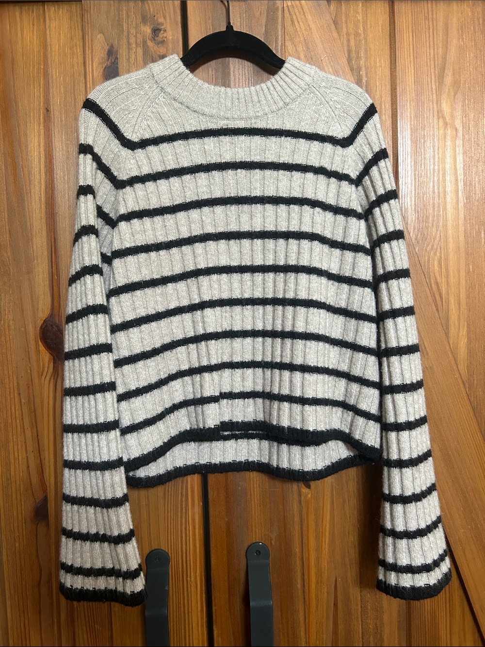 H&M Cream and Black Striped Ribbed Crewneck Sweater